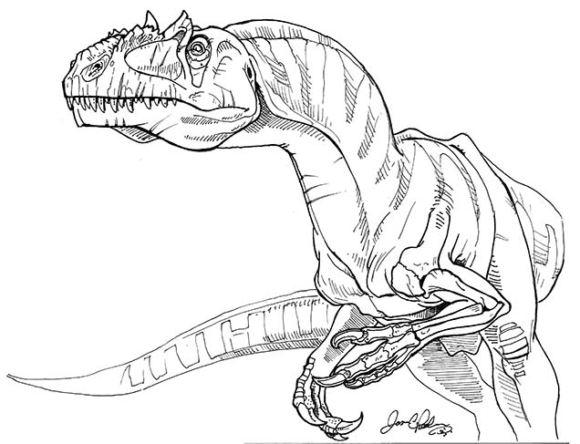 A black and white sketch of an allosaurus.